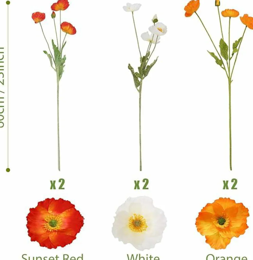 Artificial Poppy Silk Flowers, 2-Pack Faux Silk Poppy Flower Stems with Flocked Greenery