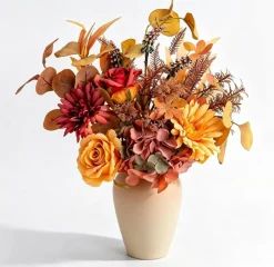 Artificial Sunflower Arrangement with Vase, Faux Fall Flowers with Roses & Eucalyptus Leaves, Autumn Silk Floral Centerpiece for Home Living Room Table Decor, Wedding & Seasonal Decoration