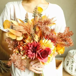 Artificial Sunflower Arrangement with Vase, Faux Fall Flowers with Roses & Eucalyptus Leaves, Autumn Silk Floral Centerpiece for Home Living Room Table Decor, Wedding & Seasonal Decoration