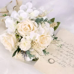 Artificial Wedding Bouquet for Bride and Bridesmaid White Champagne Silk Rose Bouquet with Hydrangea Eucalyptus Lavender for Ceremony Bridal Shower Home Decor