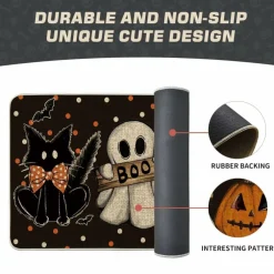 Artoid Mode Black Cat Jack-O'-Lantern Ghost Pumpkins Halloween Doormat, Seasonal Low-Profile Floor Switch Mat for Indoor Outdoor 17x29 Inch