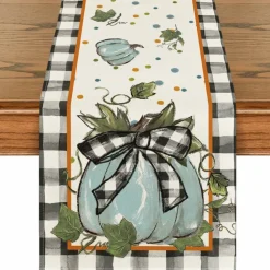 Artoid Mode Blue Pumpkin Bowknot Buffalo Plaid Fall Table Runner,Seasonal Autumn Kitchen Dining Table Decoration for Home Party Decor 13x72 Inch