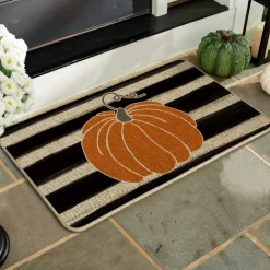 Artoid Mode Watercolor Stripes Pumpkin Decorative Doormat, Fall Seasonal Harvest Thanksgiving Vintage Rustic Low-Profile Yard Floor Mat Switch Mat for Indoor Outdoor 17 x 29 Inch