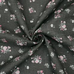 Ash Black-Pink-Multi Floral Ditsy Printed Linen Woven Fabric By the Yard