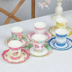 24 Assorted Floral Paper Cups Saucers Set Party Events Tableware Decorations