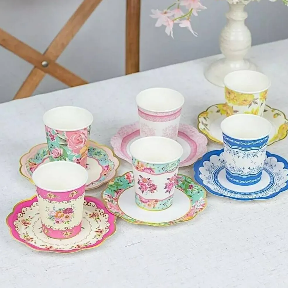 24 Assorted Floral Paper Cups Saucers Set Party Events Tableware Decorations