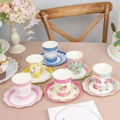 24 Assorted Floral Paper Cups Saucers Set Party Events Tableware Decorations
