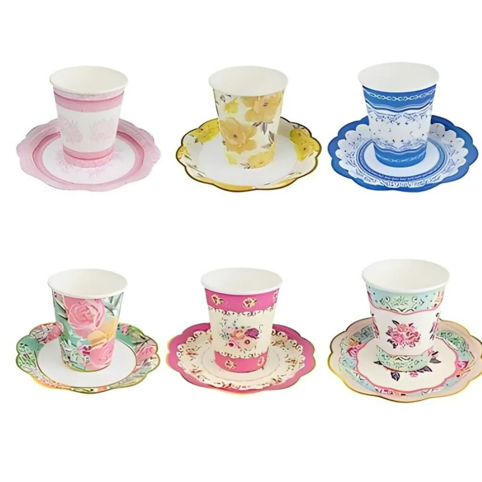 24 Assorted Floral Paper Cups Saucers Set Party Events Tableware Decorations