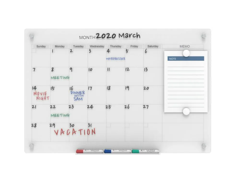 Audio-Visual Direct Magnetic Calendar Glass Dry Erase Board Set - Monthly Planner