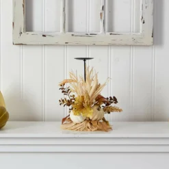 12" Autumn Harvest and Pumpkin Candle Holder Arrangement