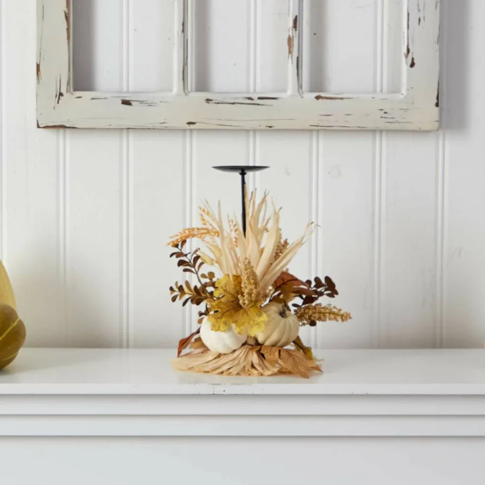 12" Autumn Harvest and Pumpkin Candle Holder Arrangement