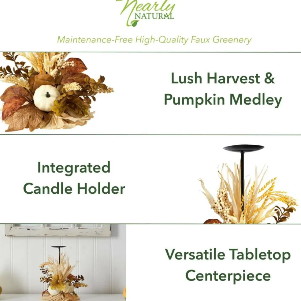12" Autumn Harvest and Pumpkin Candle Holder Arrangement