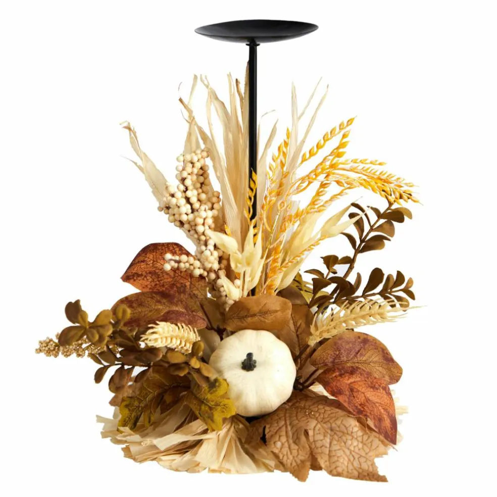 12" Autumn Harvest and Pumpkin Candle Holder Arrangement