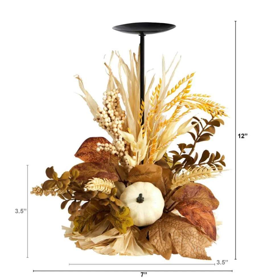 12" Autumn Harvest and Pumpkin Candle Holder Arrangement