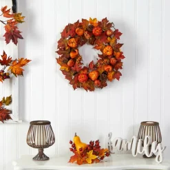 24" Autumn Maple Leaves, Pumpkin, Pinecone & Berries Wreath