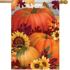 Autumn Pumpkin Trio House Flag Sunflowers Fall 28" x 40" Briarwood Lane