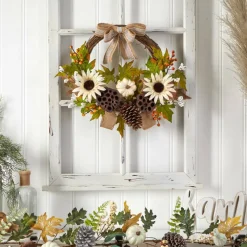 20" Autumn Sunflower, White Pumpkin & Dried Lotus Pod Fall Wreath