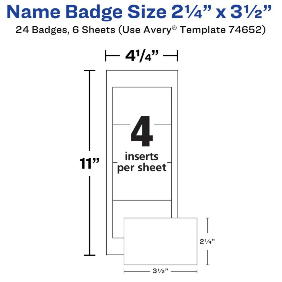 Avery Customizable Name Badges with Pins, 2.25" x 3.5", Clear Name Tag Holders with White Printable Inserts, 24 Pin Style Name Badges (74652)