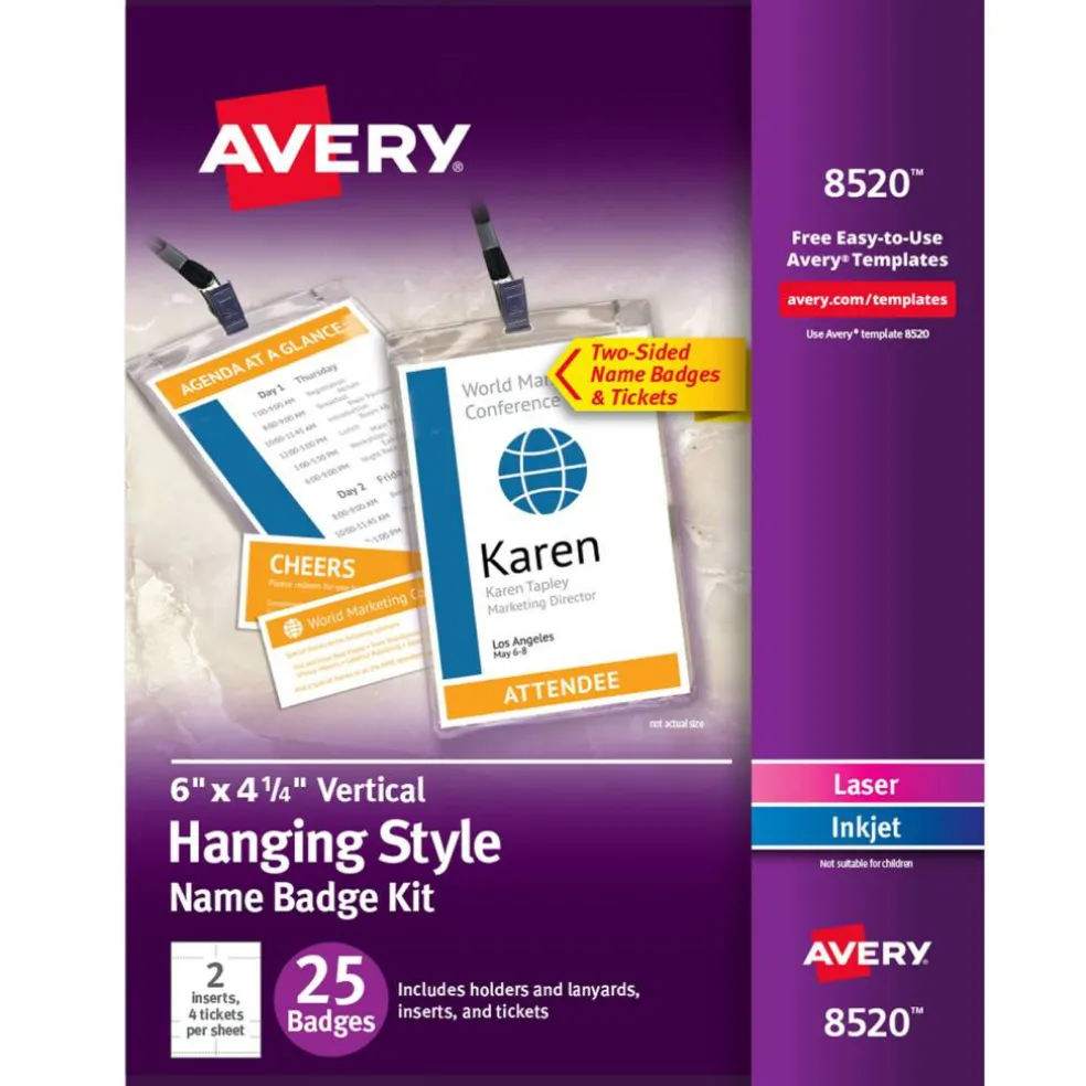 Avery Customizable Name Badges, 6" x 4.25", Printable Name Tag Inserts with Tickets, 25 Vertical Name Tag Holders with Lanyards (8520)
