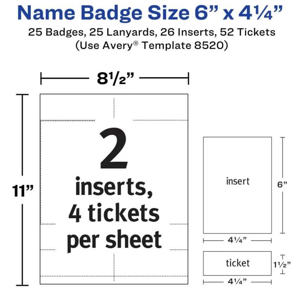 Avery Customizable Name Badges, 6" x 4.25", Printable Name Tag Inserts with Tickets, 25 Vertical Name Tag Holders with Lanyards (8520)