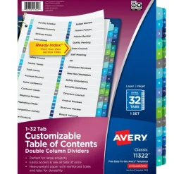 Avery Double Column Dividers for 3 Ring Binders, 32 Tabs per Set, Customizable Table of Contents, Multicolor Tabs (11322)