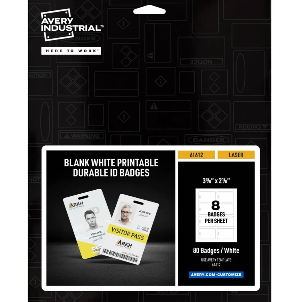 Avery Durable Tall ID Badges for Lanyards, Laser Printable on Both Sides, Blank White, 80 Total, 3.375" x 2.125" (61612)