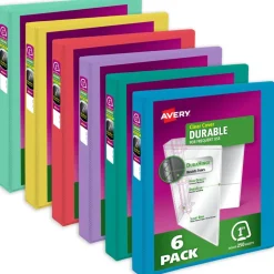 Avery Durable View 3 Ring Binders, 1 Inch Slant Rings, 250-Sheet Capacity, DuraHinge, 1.4 Inch Wide Spine, Customizable Clear Covers and Spine, Assorted Bright Colors (6-Pack of 05631)