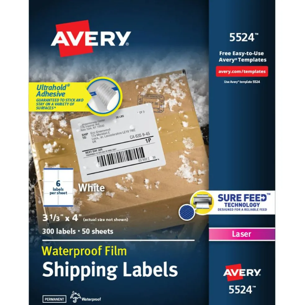 Avery Durable Waterproof Shipping Labels with Sure Feed Technology, 3-1/3" x 4", White, Laser Compatible, 300 Blank Labels Total (5524)