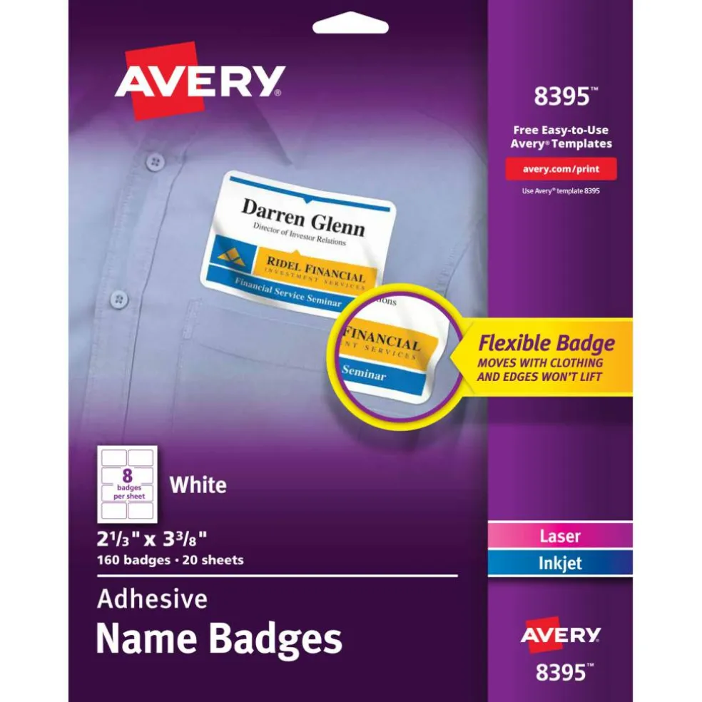 Avery Flexible Printable Name Tags, 2-1/3" x 3-3/8", Matte White, 160 Removable Name Badges (8395)