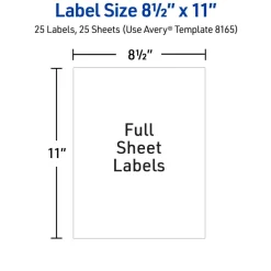 Avery Full-Sheet Printable Shipping Labels, 8.5" x 11" Customizable Stickers, White, 25 Blank Mailing Labels (8165)