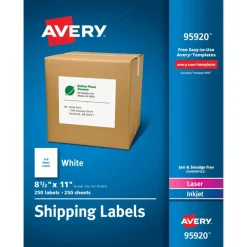 Avery® Full Sheet Printable Shipping Labels, 8.5" x 11", White, 250 Blank Mailing Labels, Great for Packages, Product Merchandising, Organization, and More (95920)