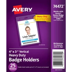 Avery Heavy Duty Badge Holders, 4" x 3", 25 Vertical ID Badge Holders (74472)