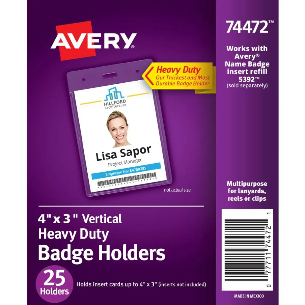 Avery Heavy Duty Badge Holders, 4" x 3", 25 Vertical ID Badge Holders (74472)
