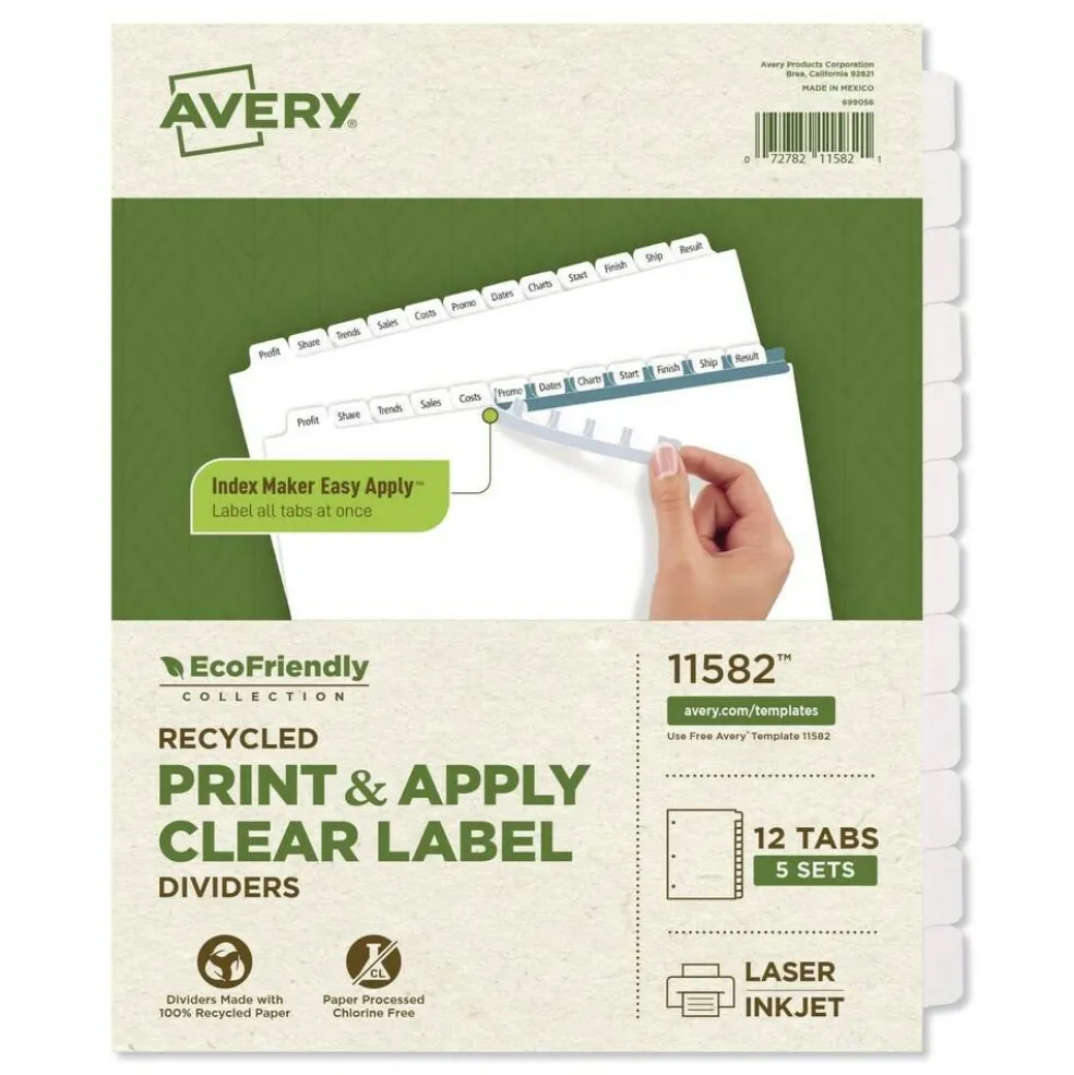 Avery 11 in. x 8.5 in. 12-Tab Index Maker EcoFriendly Print and Apply Clear Label Dividers - White (5 Sets/Pack)