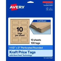 Avery Printable Perforated Rounded Rectangle Price Tags, Sure Feed Technology, 1-1/2" x 3", Matte Kraft Brown Cardstock, Print-to-The-Edge, Laser/Inkjet Printable, 100 Total
