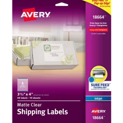 Avery Printable Shipping Labels with Sure Feed, 3-1/3" x 4", Matte Clear, 60 Blank Mailing Labels (18664)