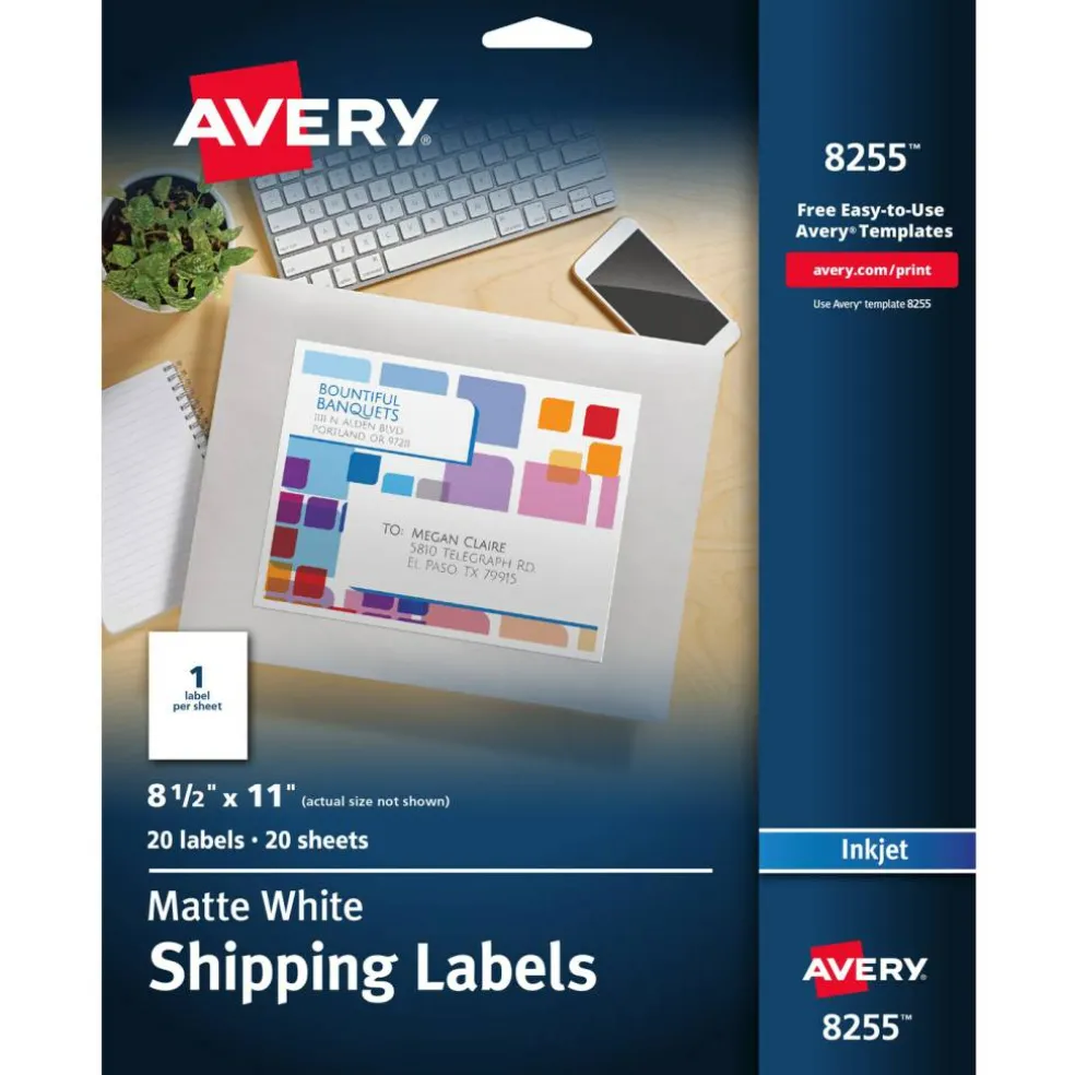 Avery Printable Shipping Labels, 8.5" x 11", Matte White, Inkjet Printer Compatible, 20 Blank Labels Total (8255)
