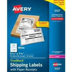 Avery Printable Shipping Labels with Paper Receipts, 5-1/16" x 7-5/8", White, 50 Blank Mailing Labels (5127)