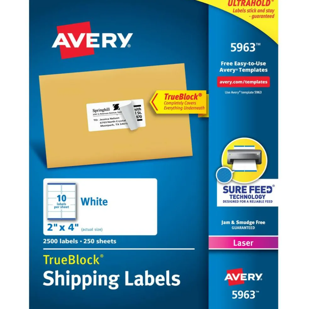 Avery Printable Shipping Labels with Sure Feed, 3.5" x 5", White, 1,000 Blank Mailing Labels (95935)