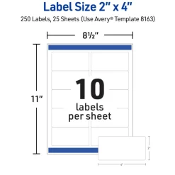 Avery Printable Shipping Labels with Sure Feed, 2" x 4" Customizable Stickers, White, 250 Blank Mailing Labels, Great for Mailing, Shipping, and More (8163)