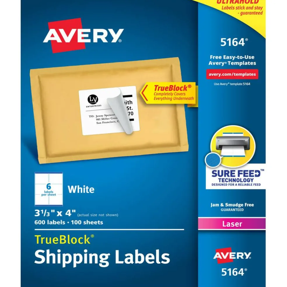 Avery Printable Shipping Labels with Sure Feed, 3-1/3" x 4", White, 600 Blank Mailing Labels for Laser Printers (5164)