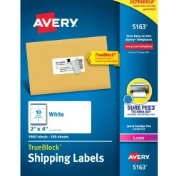 Avery Printable Shipping Labels with Sure Feed, 2" x 4" Customizable Stickers, White, 1,000 Blank Mailing Labels, Great for Mailing, Shipping, and More (5163)