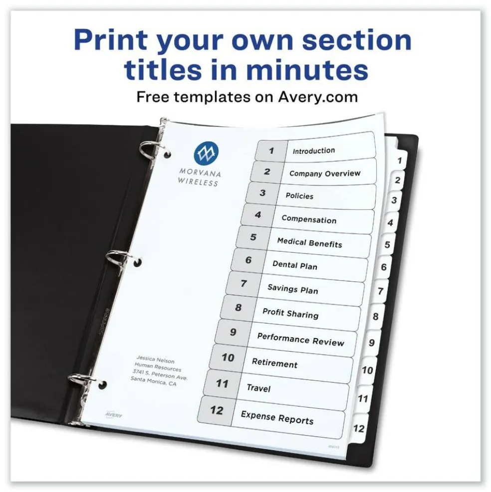 Avery Ready Index 11 in. x 8.5 in. 12-Tab Customizable TOC 1 to 12 Tab Dividers - Black/White (1-Set)