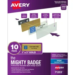 Avery Reusable Magnetic Professional Name Badge System, 1" x 3" Gold Name Tags, 10 Identification Badges, 80 Inkjet Printable Inserts, Design Software Included (71203)