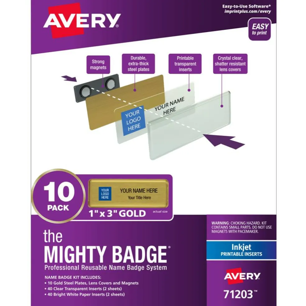 Avery Reusable Magnetic Professional Name Badge System, 1" x 3" Gold Name Tags, 10 Identification Badges, 80 Inkjet Printable Inserts, Design Software Included (71203)