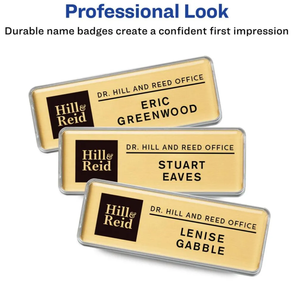 Avery Reusable Magnetic Professional Name Badge System, 1" x 3" Gold Name Tags, 10 Identification Badges, 80 Inkjet Printable Inserts, Design Software Included (71203)