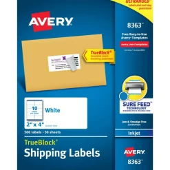 Avery TrueBlock Shipping Labels, Sure Feed Technology, Permanent Adhesive, 2" x 4", 500 Labels (8363)