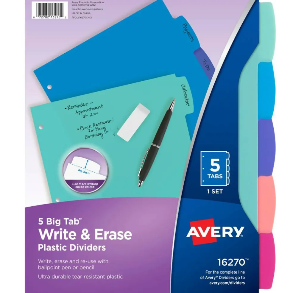 Avery Write & Erase Dividers for 3 Ring Binders, 5 Tabs per Set, Multicolor Big Tabs, Pastels, Binder Dividers Great for Organizing Reports, Projects, and More (16270)