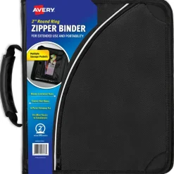 Avery Zipper 3 Ring Binder, 2" Round Rings, 375-Sheet Capacity, 2.8-Inch Wide Spine, 14" Laptop Storage Pocket, Black Durable Binder Organizer with Handle (26076)
