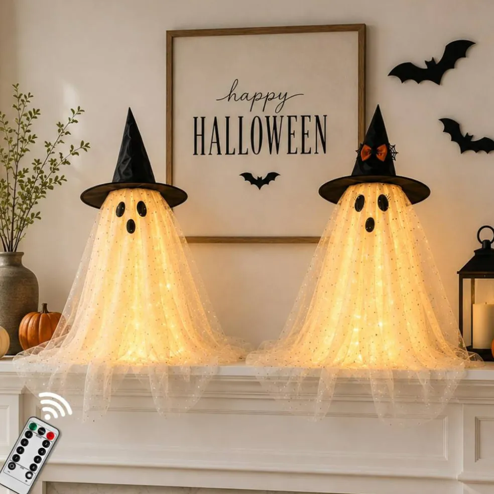 AYGXU 2pcs Halloween Decorations Indoor,Ghost Decor with String Lights Remote Control,Halloween Party Decorations,Spooky Ghost Light for Home Table Room Kitchen Office